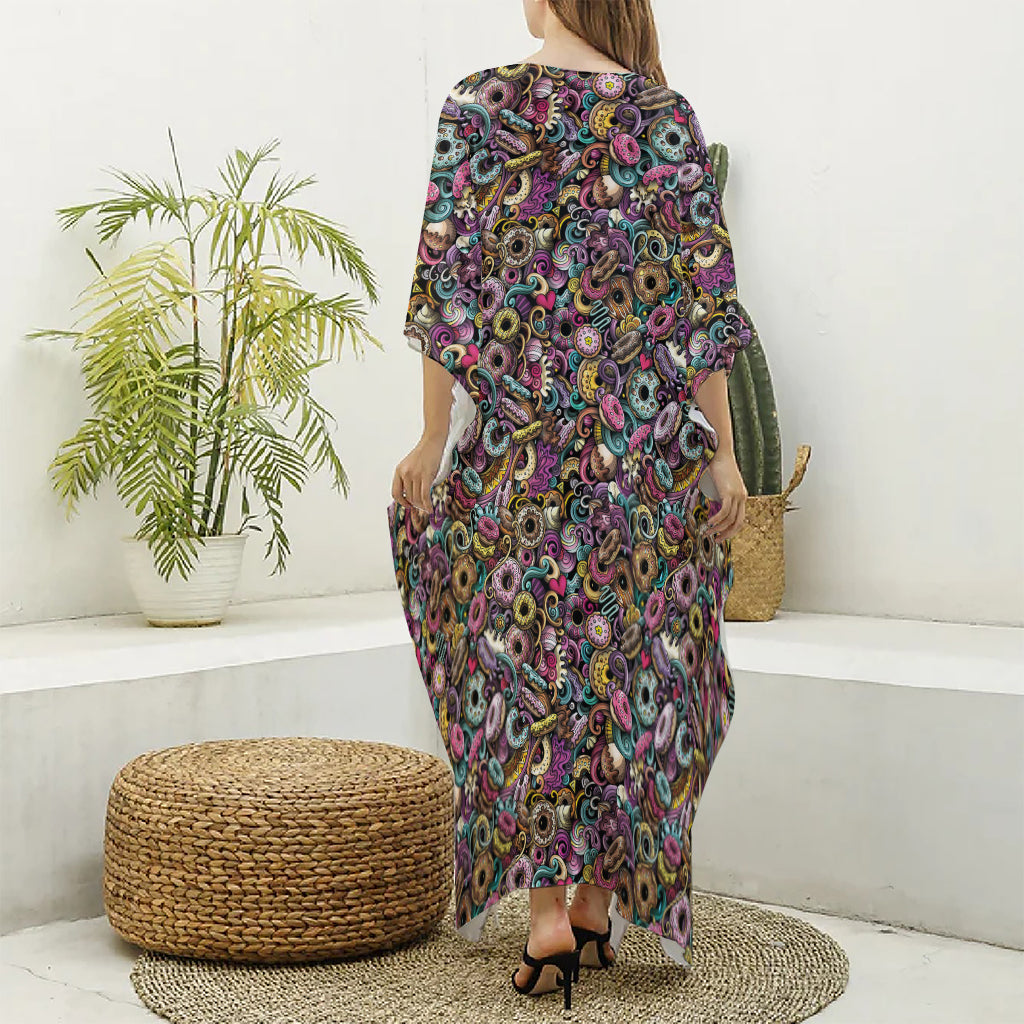 Graffiti Donut Pattern Print Silk V-Neck Kaftan Dress