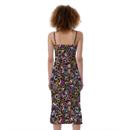 Graffiti Donut Pattern Print Slim Fit Midi Cami Dress