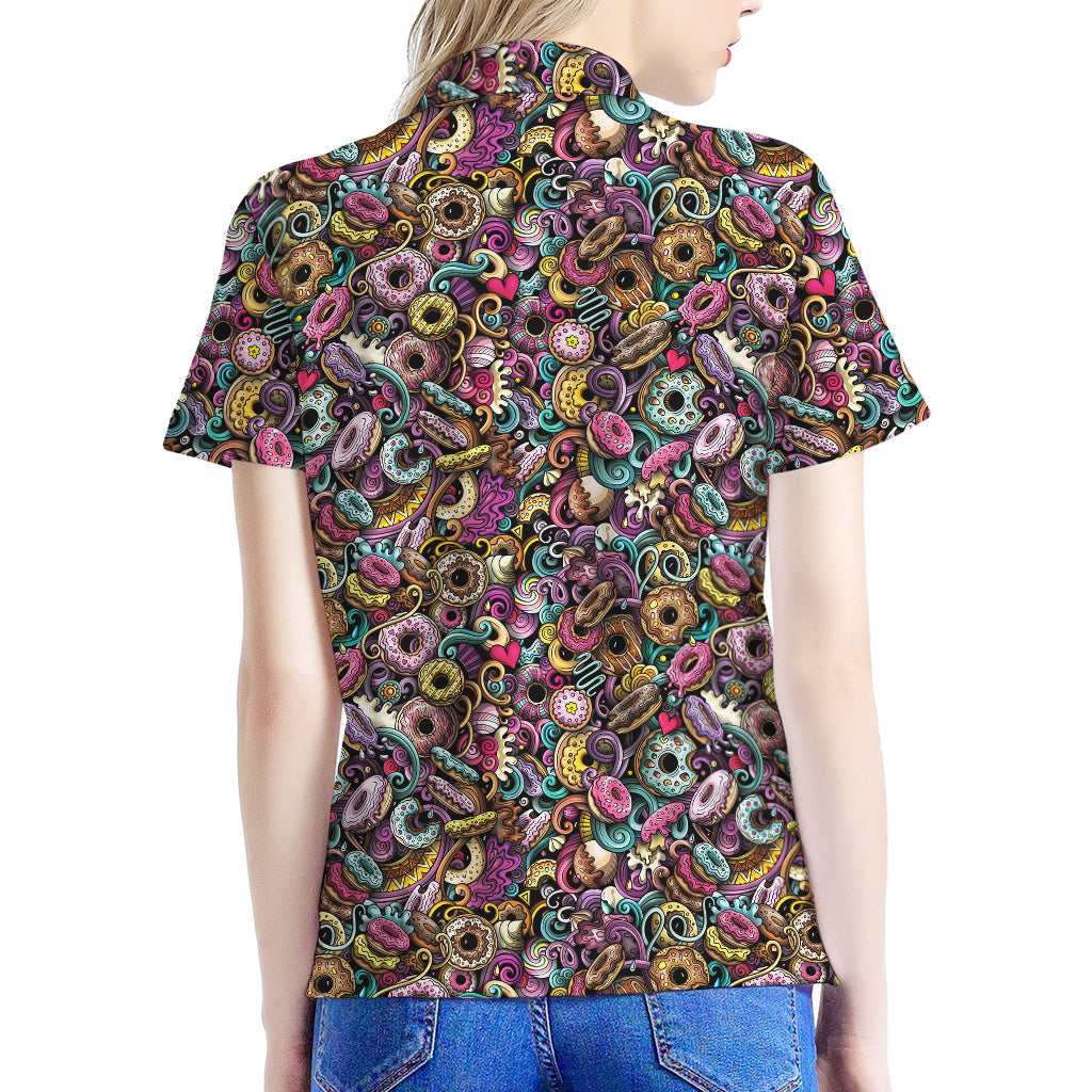 Graffiti Donut Pattern Print Women's Polo Shirt