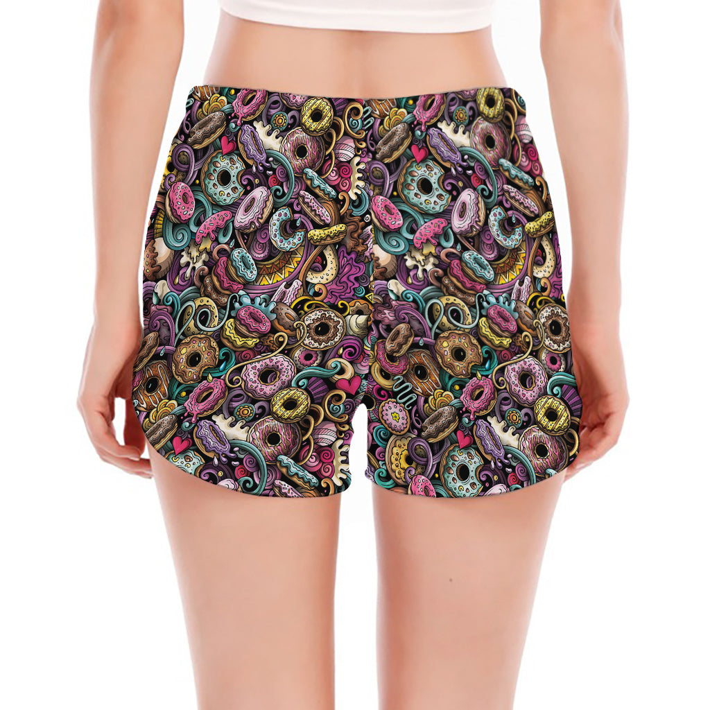 Graffiti Donut Pattern Print Women's Split Running Shorts