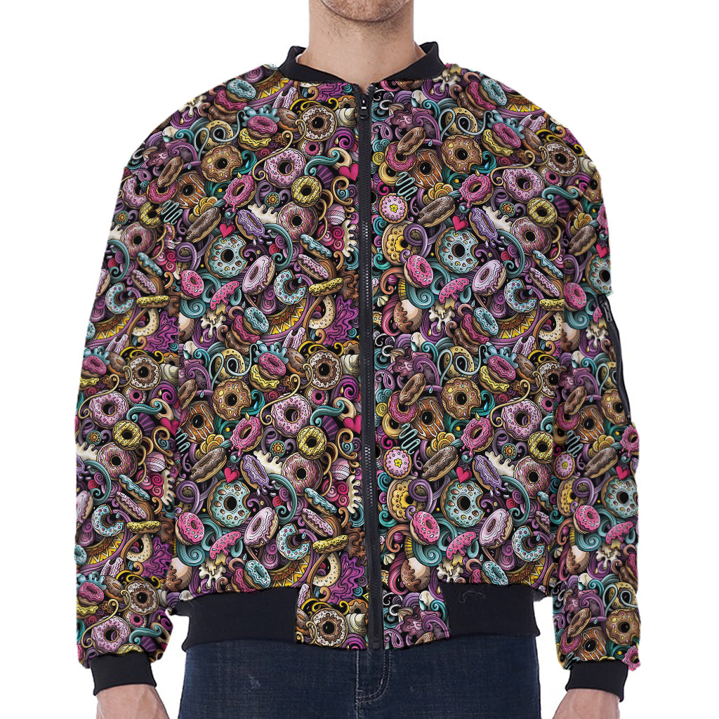 Graffiti Donut Pattern Print Zip Sleeve Bomber Jacket