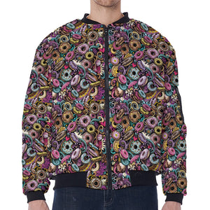 Graffiti Donut Pattern Print Zip Sleeve Bomber Jacket