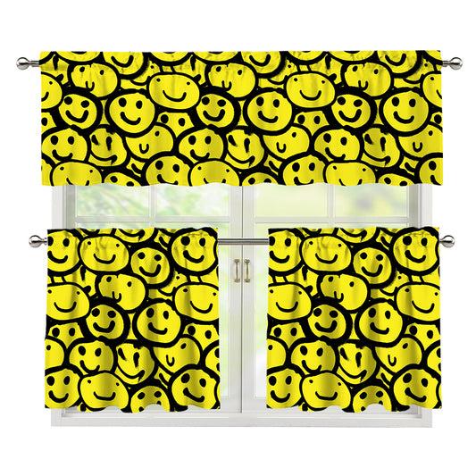 Graffiti Happy Emoji Pattern Print 3 Piece Kitchen Curtains