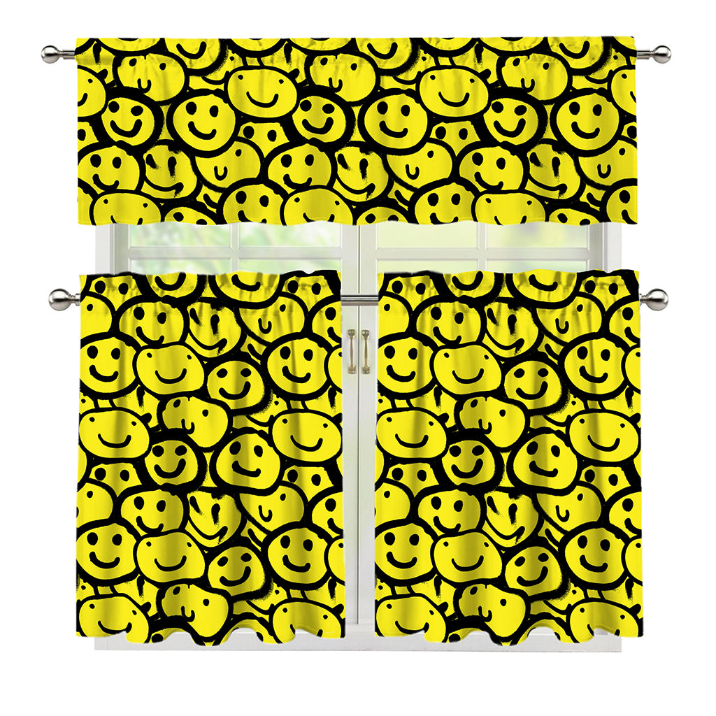 Graffiti Happy Emoji Pattern Print 3 Piece Kitchen Curtains