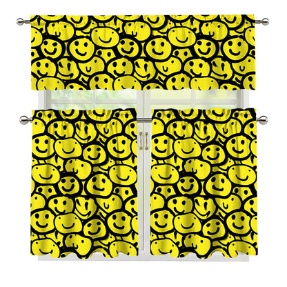 Graffiti Happy Emoji Pattern Print 3 Piece Kitchen Curtains