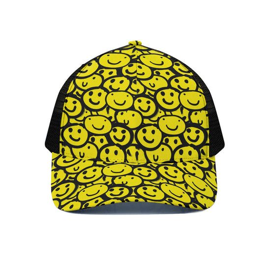 Graffiti Happy Emoji Pattern Print Black Mesh Trucker Cap