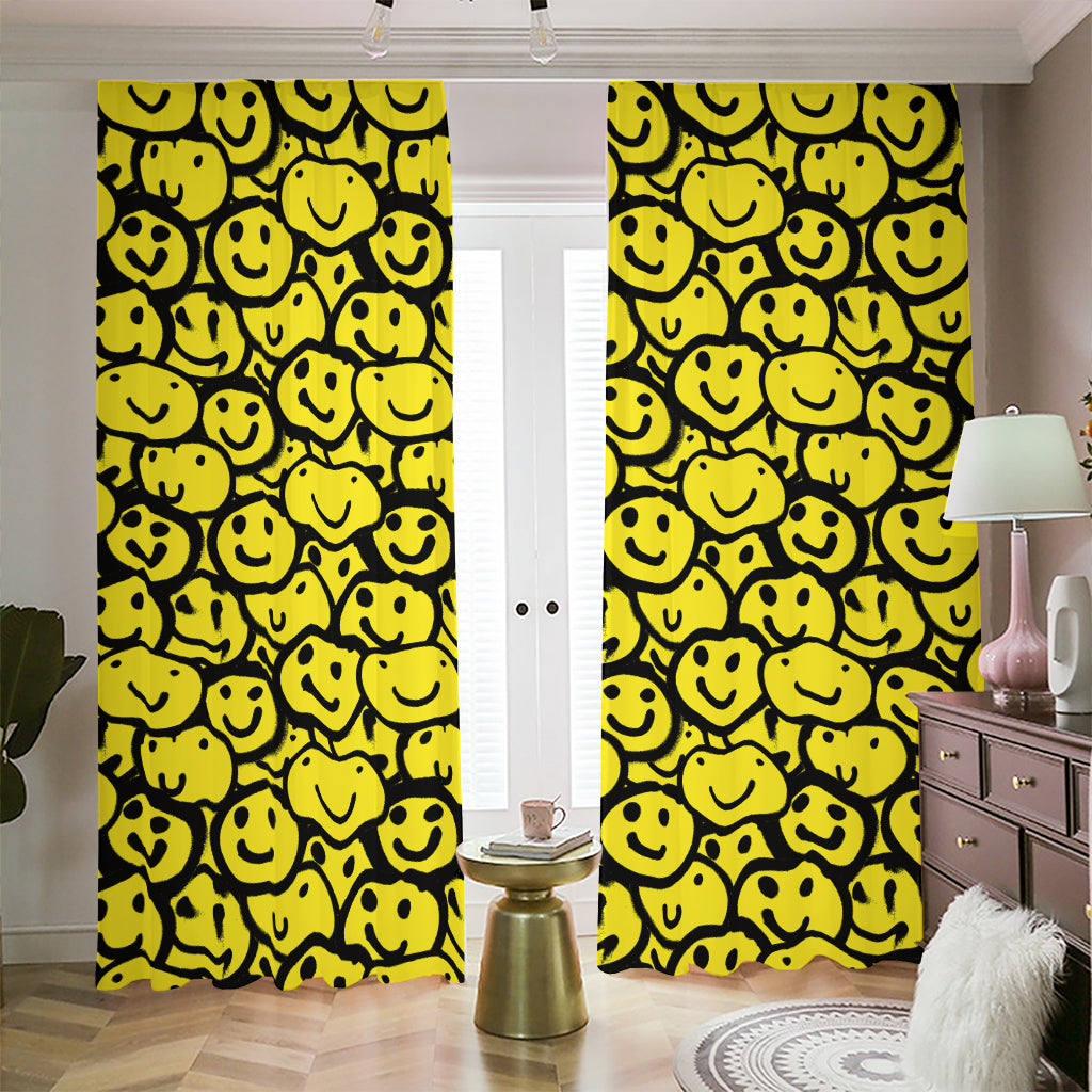 Graffiti Happy Emoji Pattern Print Blackout Pencil Pleat Curtains