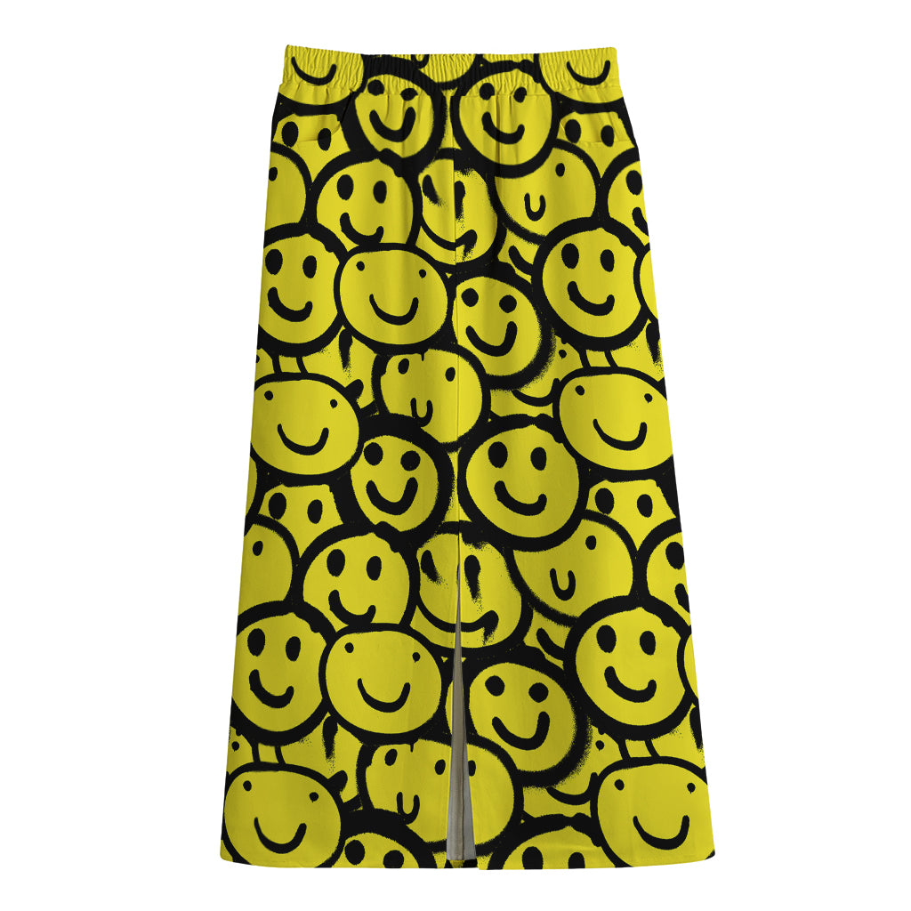 Graffiti Happy Emoji Pattern Print Cotton Front Slit Maxi Skirt