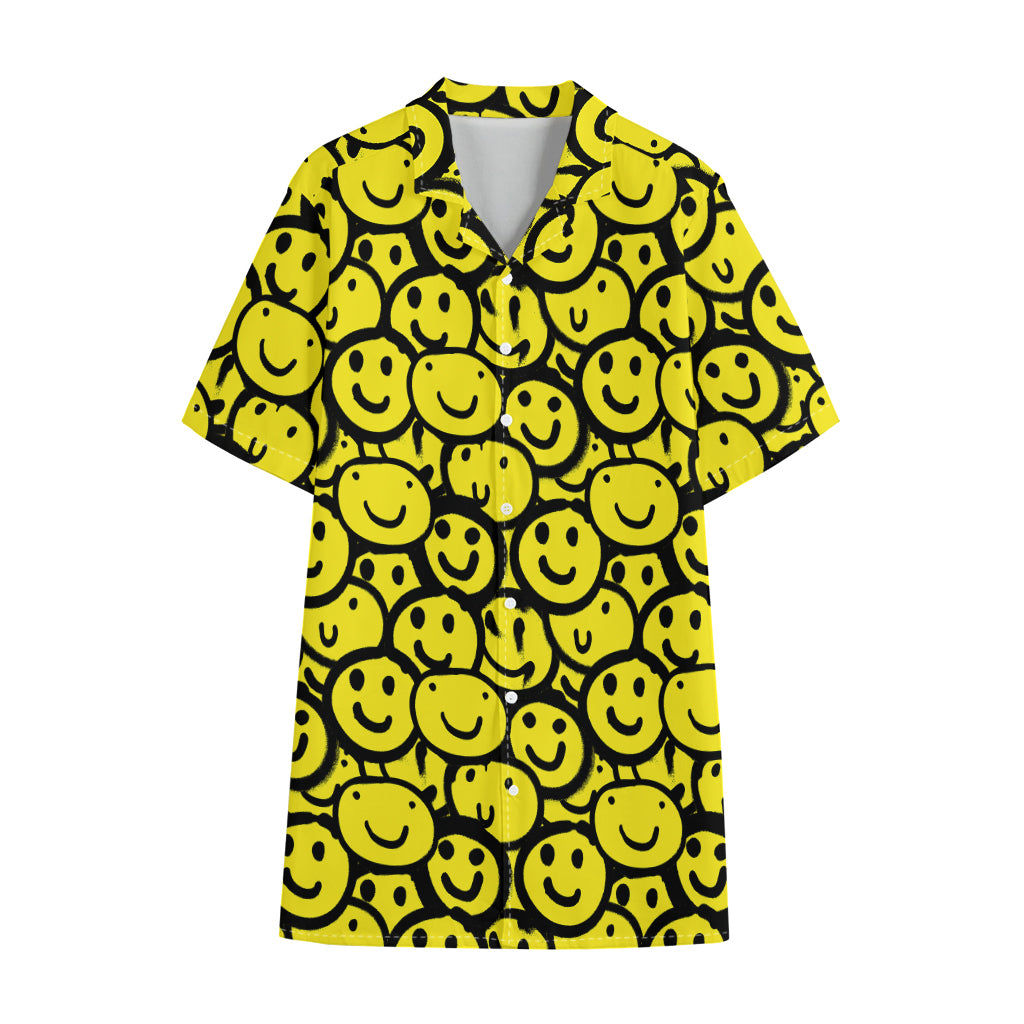 Graffiti Happy Emoji Pattern Print Cotton Hawaiian Shirt