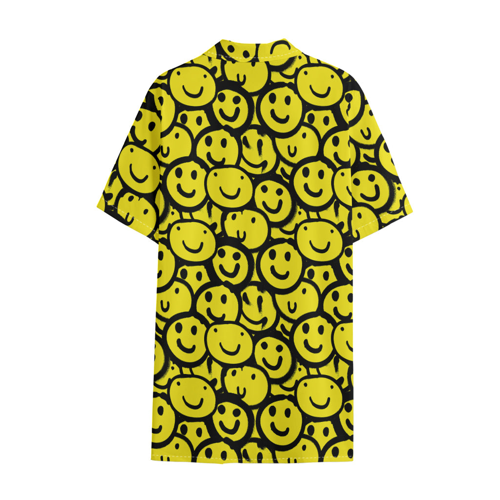 Graffiti Happy Emoji Pattern Print Cotton Hawaiian Shirt
