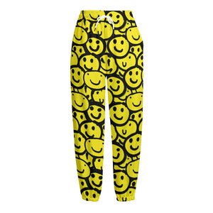 Graffiti Happy Emoji Pattern Print Fleece Lined Knit Pants