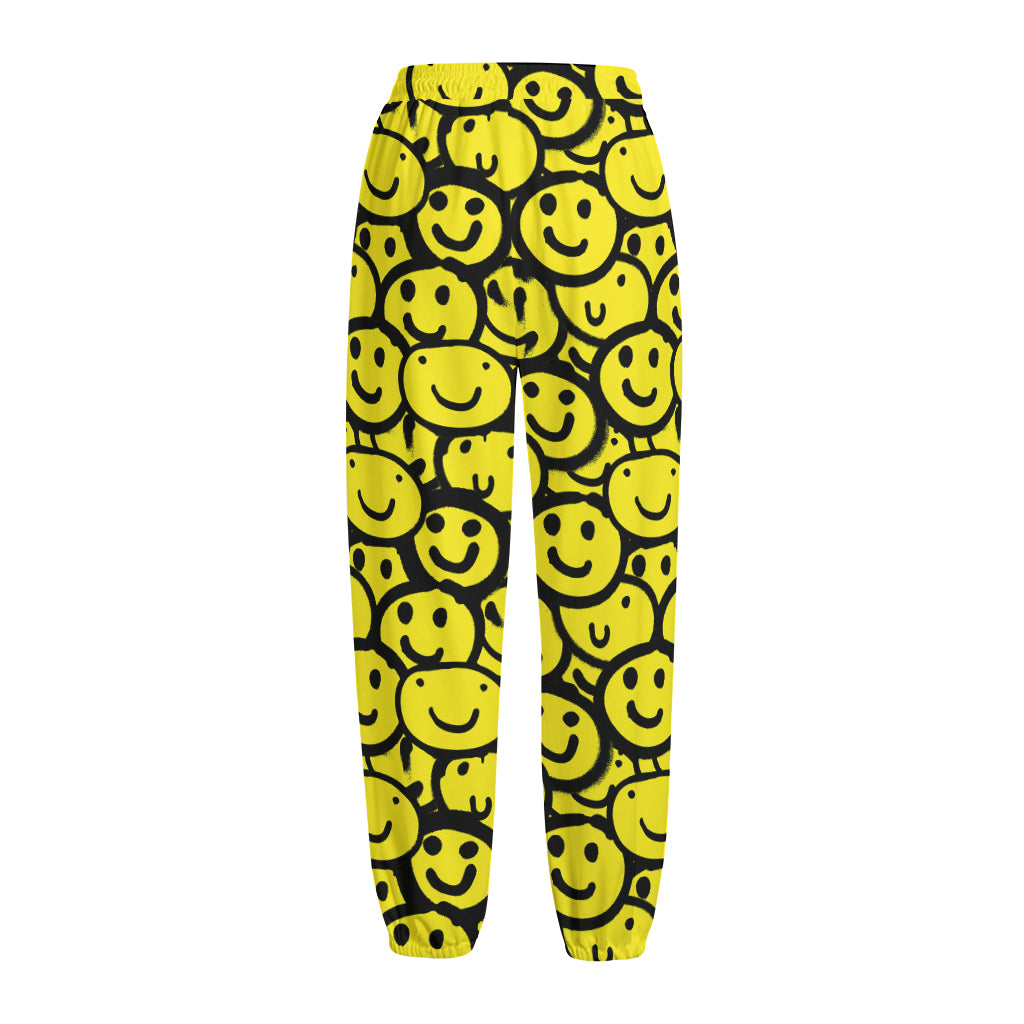 Graffiti Happy Emoji Pattern Print Fleece Lined Knit Pants