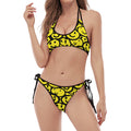 Graffiti Happy Emoji Pattern Print Halter Scoop Tie Side Bikini