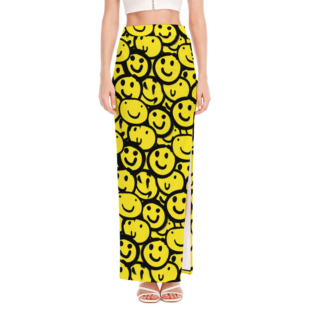 Graffiti Happy Emoji Pattern Print High Slit Maxi Skirt