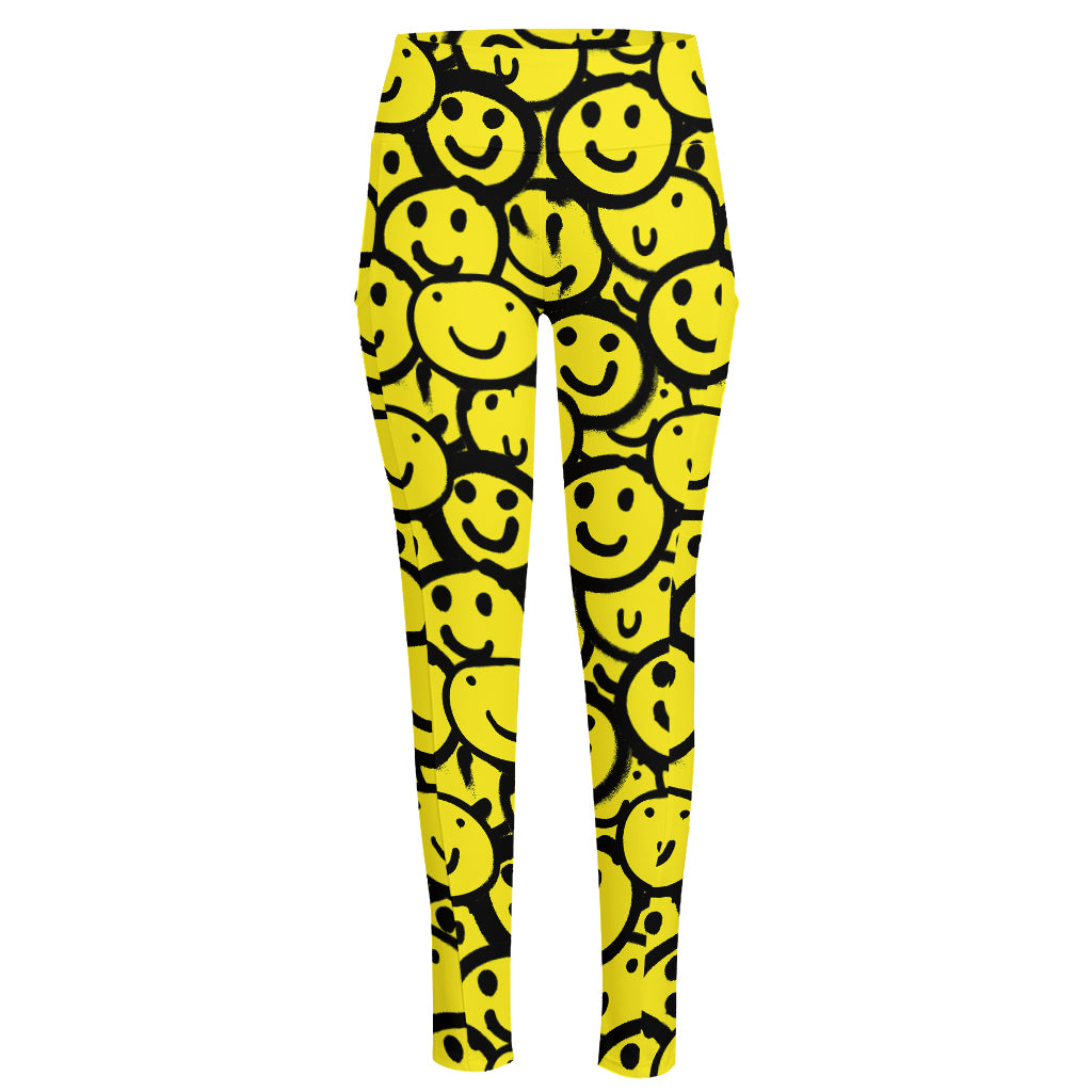 Graffiti Happy Emoji Pattern Print High-Waisted Pocket Leggings