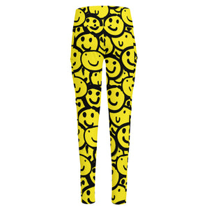 Graffiti Happy Emoji Pattern Print High-Waisted Pocket Leggings