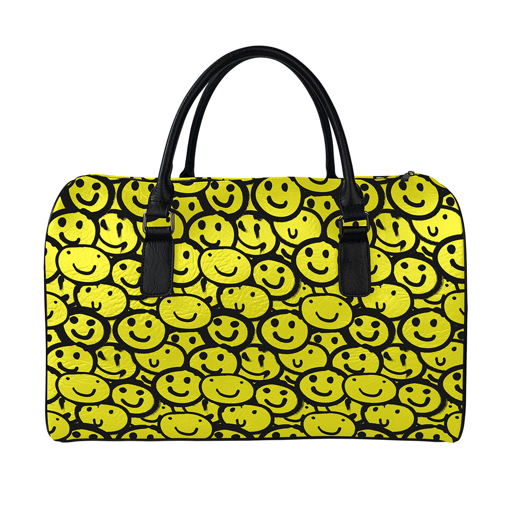 Graffiti Happy Emoji Pattern Print Leather Duffle Bag