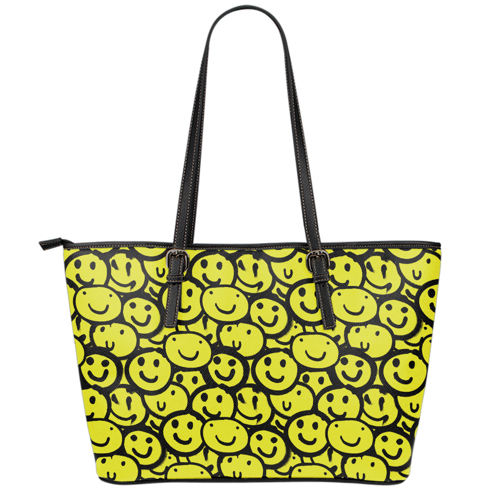 Graffiti Happy Emoji Pattern Print Leather Tote Bag