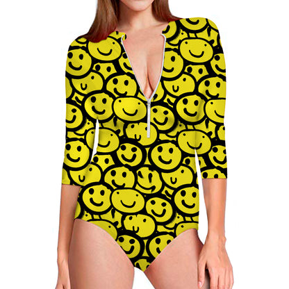 Graffiti Happy Emoji Pattern Print Long Sleeve Swimsuit