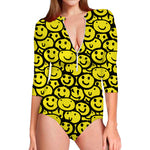 Graffiti Happy Emoji Pattern Print Long Sleeve Swimsuit