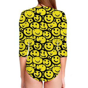 Graffiti Happy Emoji Pattern Print Long Sleeve Swimsuit