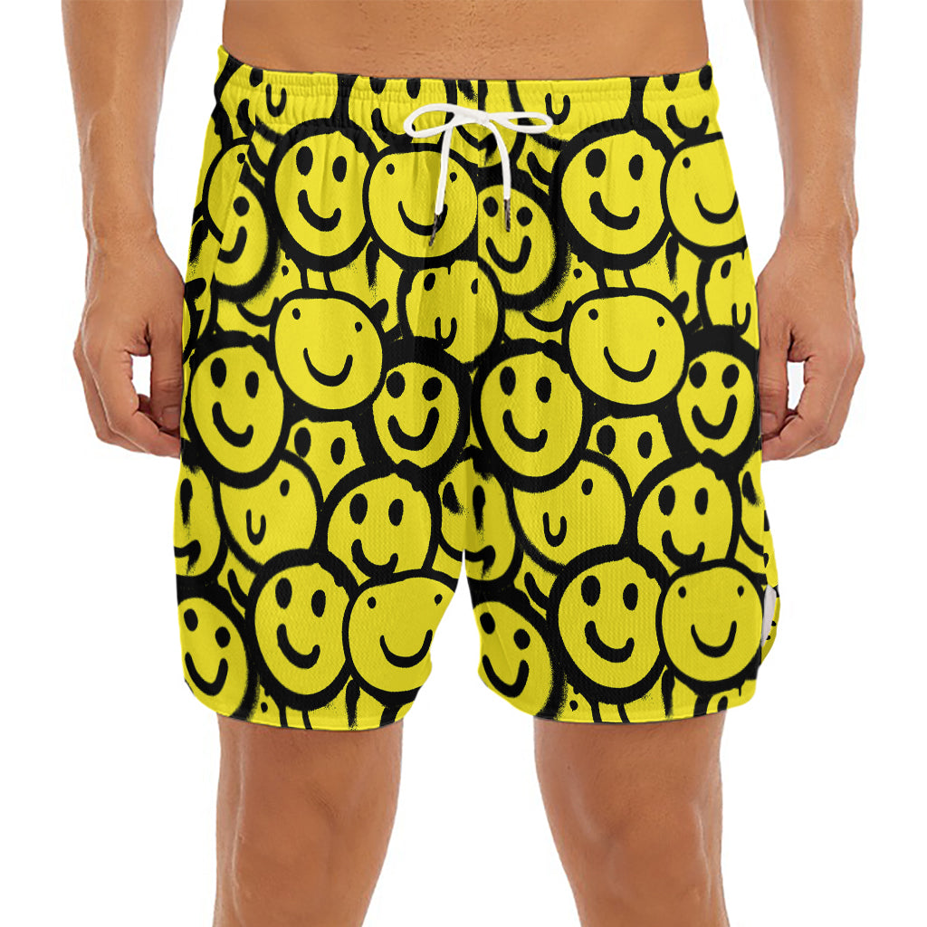 Graffiti Happy Emoji Pattern Print Men's Split Running Shorts