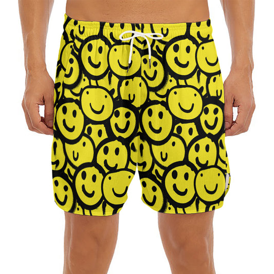 Graffiti Happy Emoji Pattern Print Men's Split Running Shorts