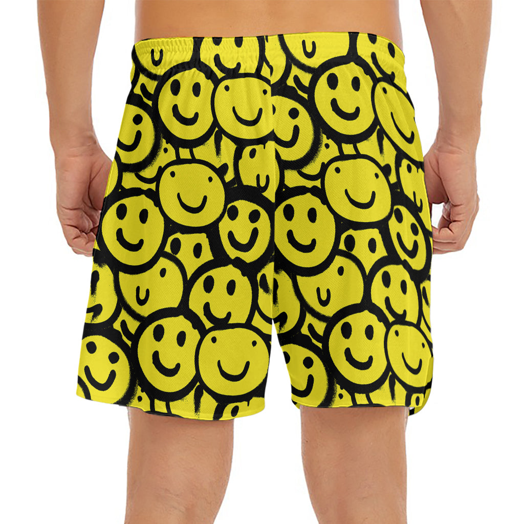 Graffiti Happy Emoji Pattern Print Men's Split Running Shorts