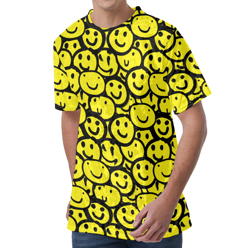 Graffiti Happy Emoji Pattern Print Men's Velvet T-Shirt