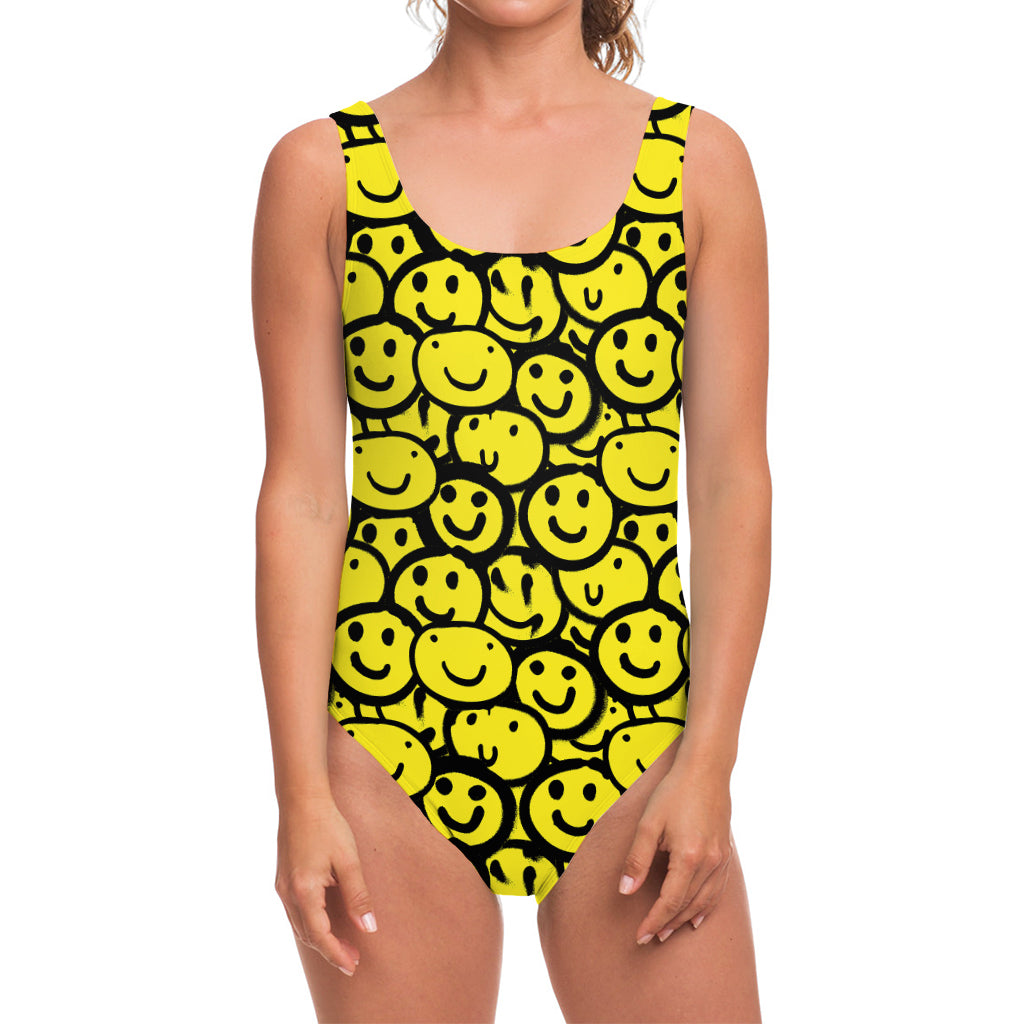 Graffiti Happy Emoji Pattern Print One Piece Swimsuit