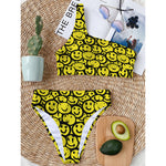 Graffiti Happy Emoji Pattern Print One Shoulder Bikini Top