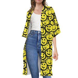 Graffiti Happy Emoji Pattern Print Open Front Beach Cover Up