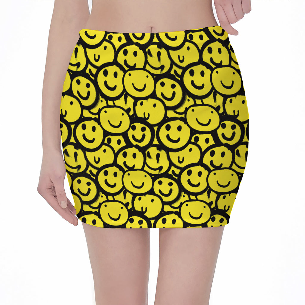 Graffiti Happy Emoji Pattern Print Pencil Mini Skirt