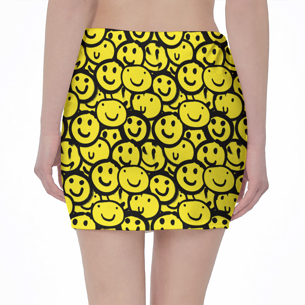 Graffiti Happy Emoji Pattern Print Pencil Mini Skirt