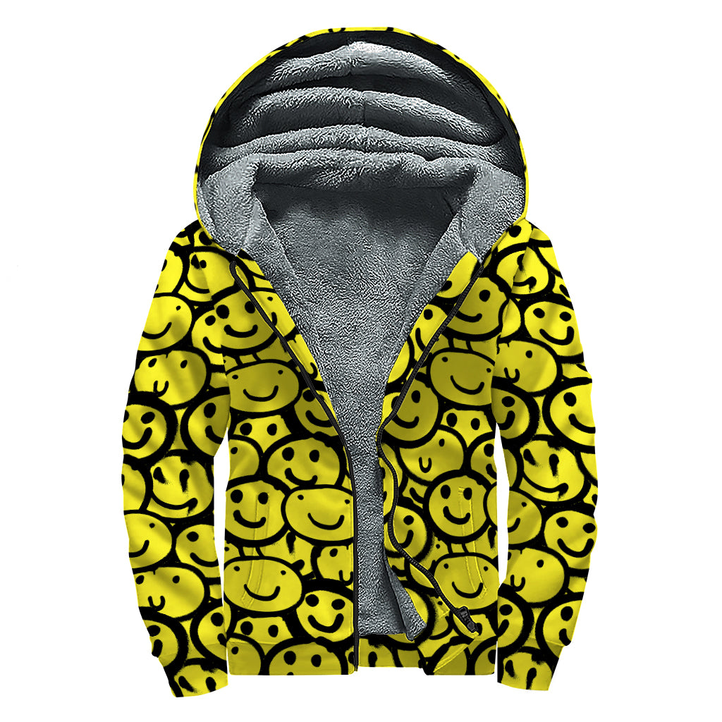 Graffiti Happy Emoji Pattern Print Sherpa Lined Zip Up Hoodie