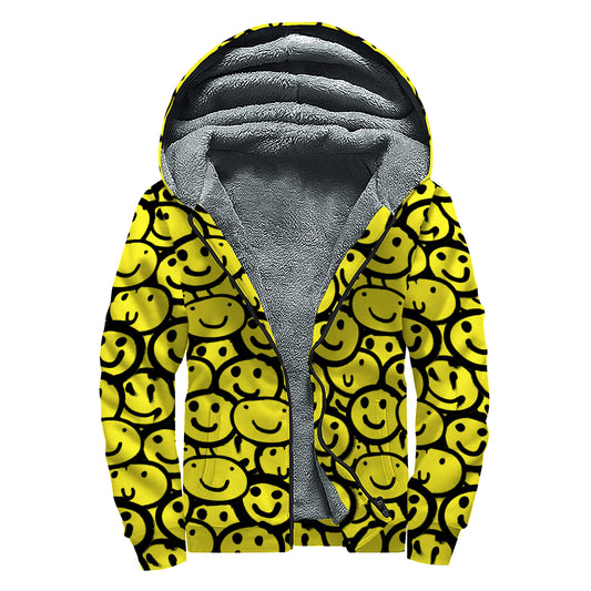 Graffiti Happy Emoji Pattern Print Sherpa Lined Zip Up Hoodie