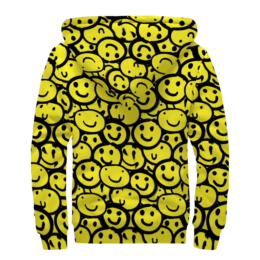 Graffiti Happy Emoji Pattern Print Sherpa Lined Zip Up Hoodie