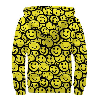 Graffiti Happy Emoji Pattern Print Sherpa Lined Zip Up Hoodie