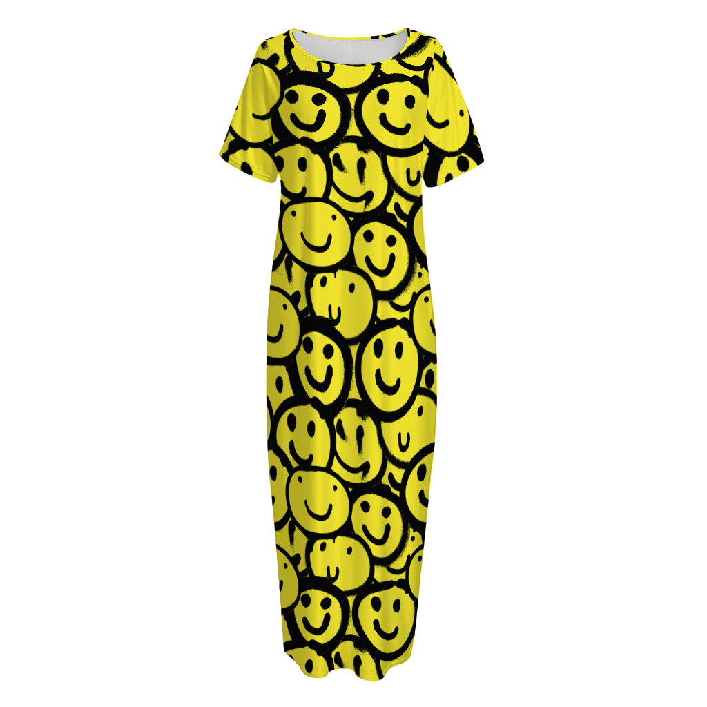 Graffiti Happy Emoji Pattern Print Short Sleeve Long Nightdress