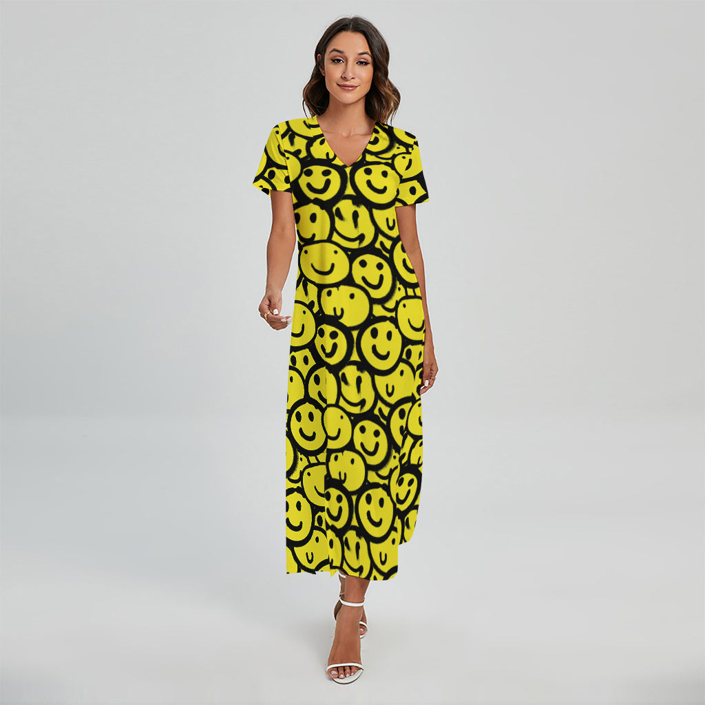 Graffiti Happy Emoji Pattern Print Short Sleeve Maxi Dress