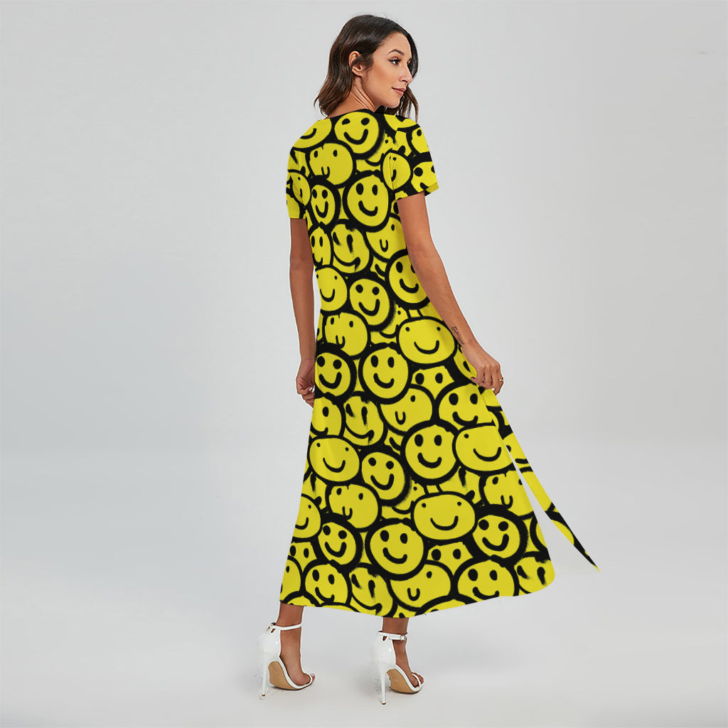 Graffiti Happy Emoji Pattern Print Short Sleeve Maxi Dress