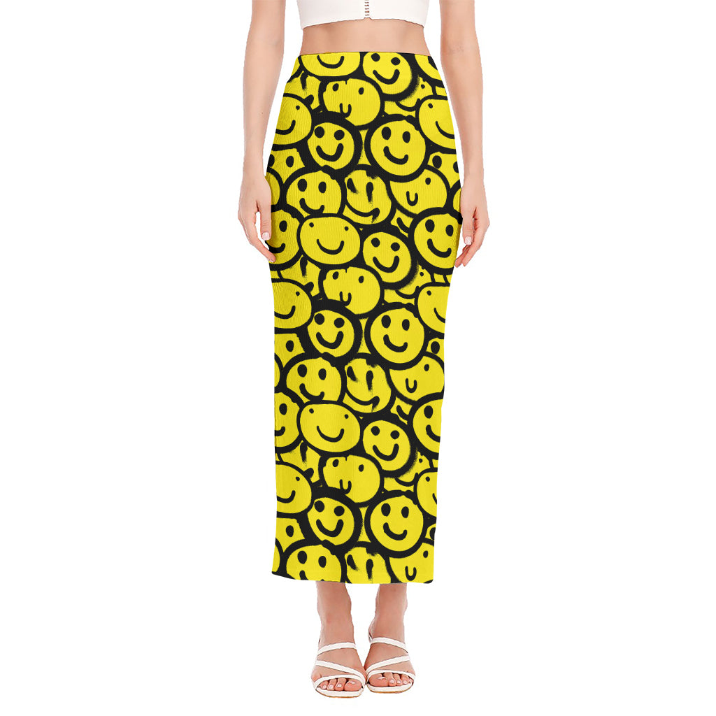 Graffiti Happy Emoji Pattern Print Side Slit Maxi Skirt