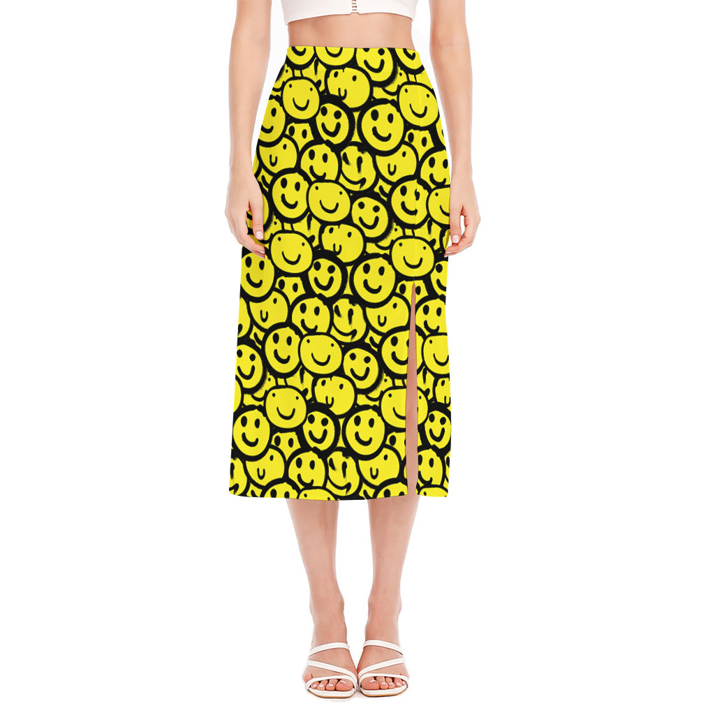 Graffiti Happy Emoji Pattern Print Side Slit Midi Skirt