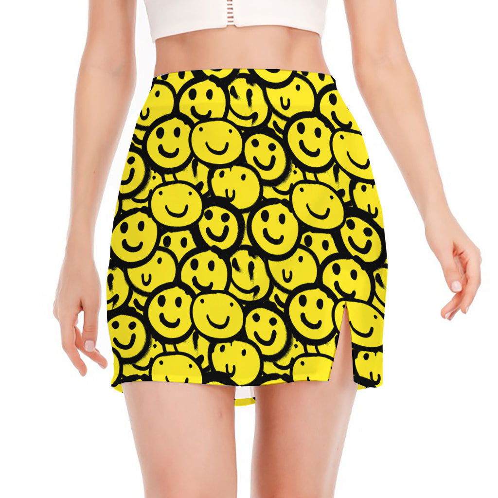 Graffiti Happy Emoji Pattern Print Side Slit Mini Skirt