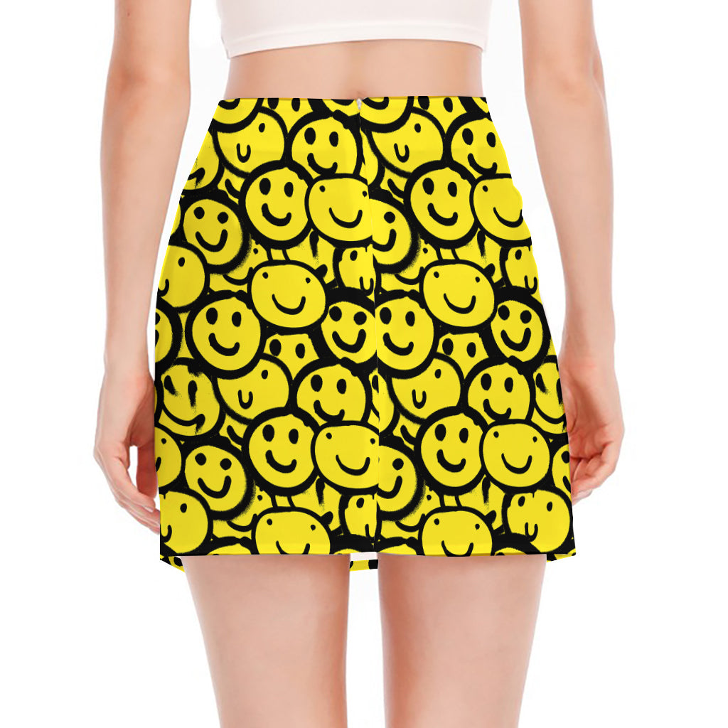 Graffiti Happy Emoji Pattern Print Side Slit Mini Skirt