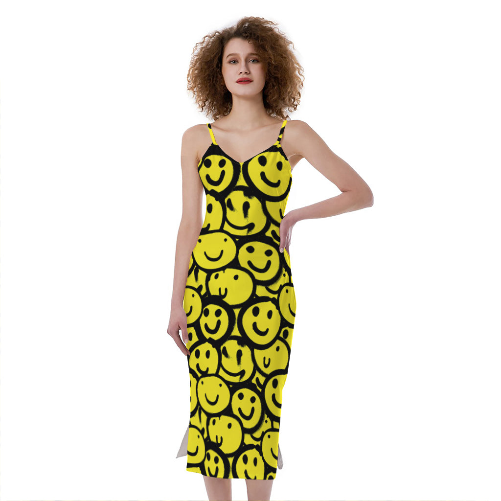 Graffiti Happy Emoji Pattern Print Slim Fit Midi Cami Dress