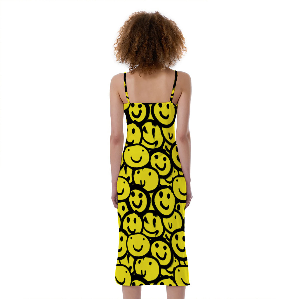 Graffiti Happy Emoji Pattern Print Slim Fit Midi Cami Dress