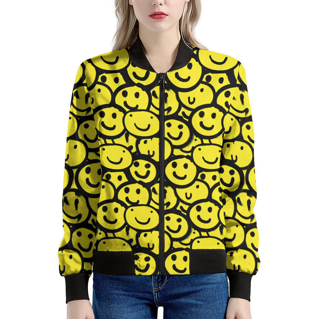 Graffiti Happy Emoji Pattern Print Women's Bomber Jacket