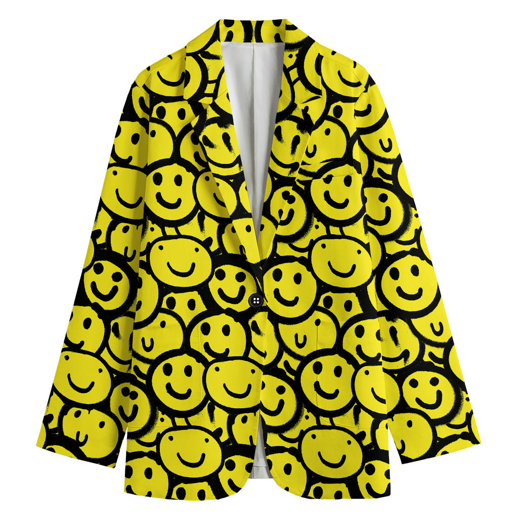 Graffiti Happy Emoji Pattern Print Women's Cotton Blazer