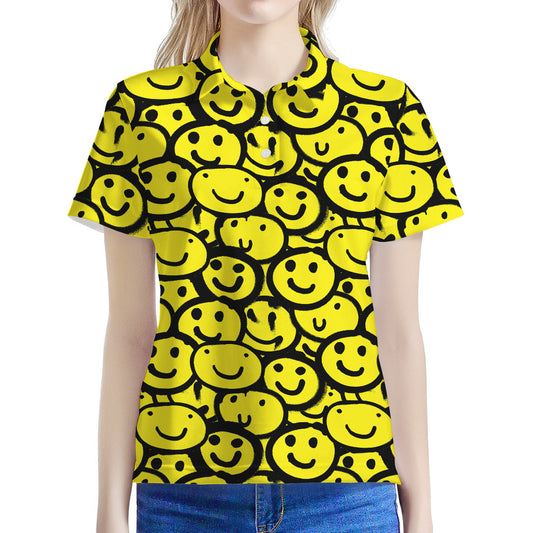 Graffiti Happy Emoji Pattern Print Women's Polo Shirt